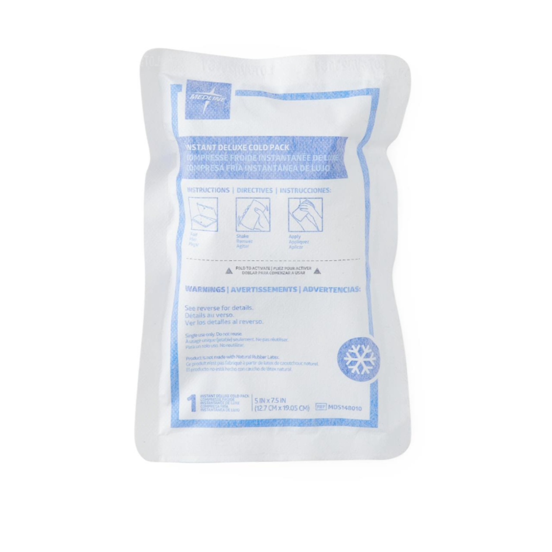 Medline Deluxe Instant Cold Packs are white, rectangular, and single-use with blue text and usage illustrations. The sealed edges and packaging clearly specify use as a cold compress.